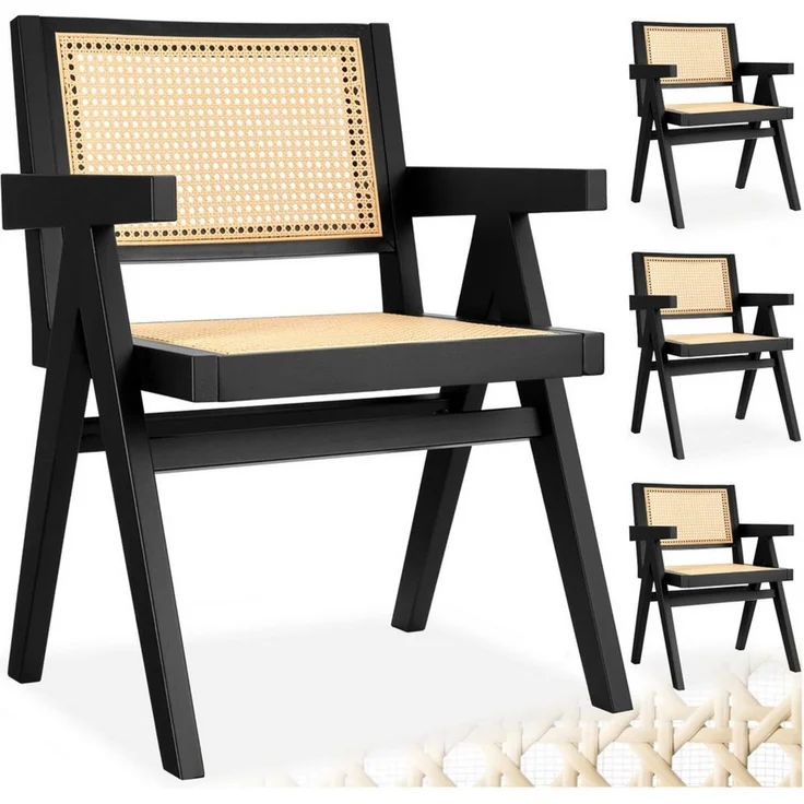 tectake Esszimmerstuhl Armlehnstuhl im Boho-Stil, 59 x 56,5 x 82,5 cm, Belastbarkeit 120 kg (Sessel Lissy in schwarz, 4 St), große Rückenlehne und Sitzfläche mit Wiener Geflecht, Holzgestell – Bild 1