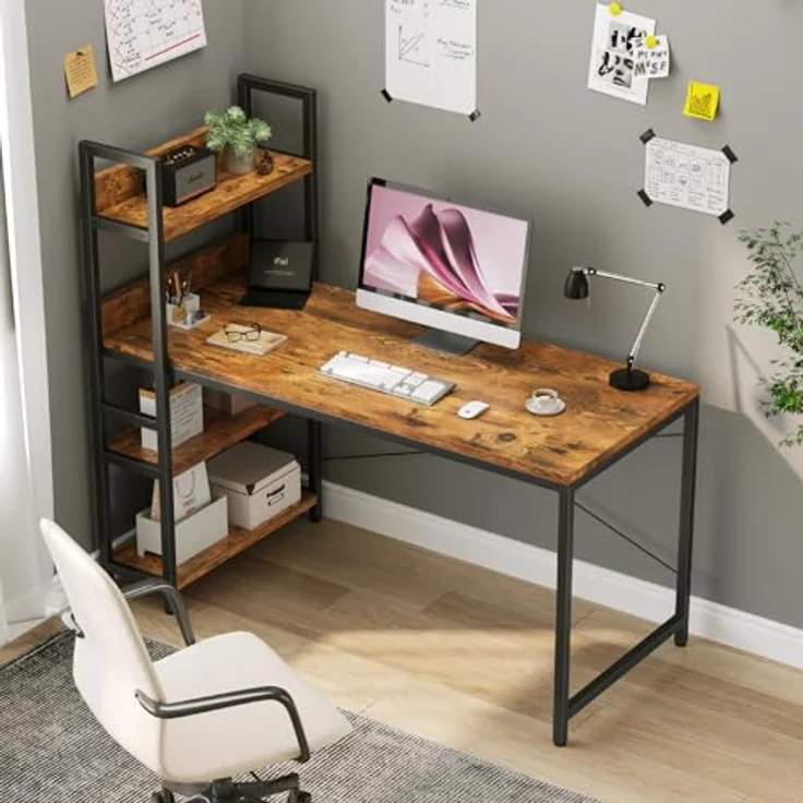 Sweetcrispy Schreibtisch mit Seitlichem Regal & Verstellbaren Füßen, 120 cm breiter Bürotisch, Starker Computertisch mit Ablagefläche, Einfacher Montage, vintagebraun – Bild 8