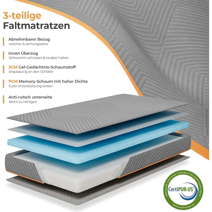 Vesgantti Klappmatratze Gästematratze, 3-teilige Gel Schaumstoff Faltmatratze für Reisen, Camping, Boden, Gästebett, waschbarem Bezug Faltbare Matratze Öko-Tex Zertifiziert (10cm, 90x200cm) – Bild 2
