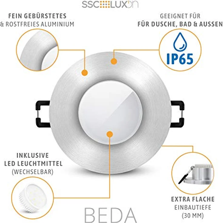 SSC-LUXon BEDA Downlight Spot, flach mit IP65 Schutzart, tauschbarem 4W LED Modul, warmweiß, Alu gebürstet, für Bad und Außenbereich – Bild 5