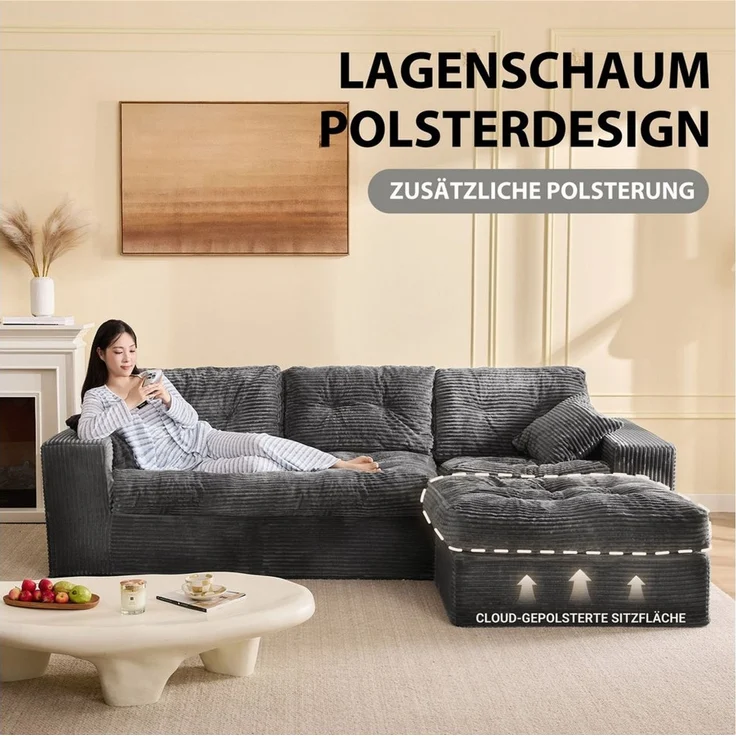 LITBIRD Ecksofa 3-Sitzer Sofa mit Marshmallow-Softpolster & Modulares Recamiere Sofa, 1 Teile, Cordstoff Schlafsofa & Relaxsofa, Wohnzimmer Sofa – Bild 3