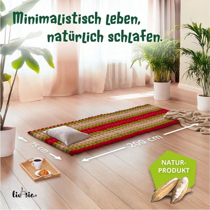 Reisebett-Matratzen Rollmatte 75 cm breit, vegan und handgefertigt, 200 x 75 x 4,5 cm, livasia, 4.5 cm hoch, Kapok – Bild 1