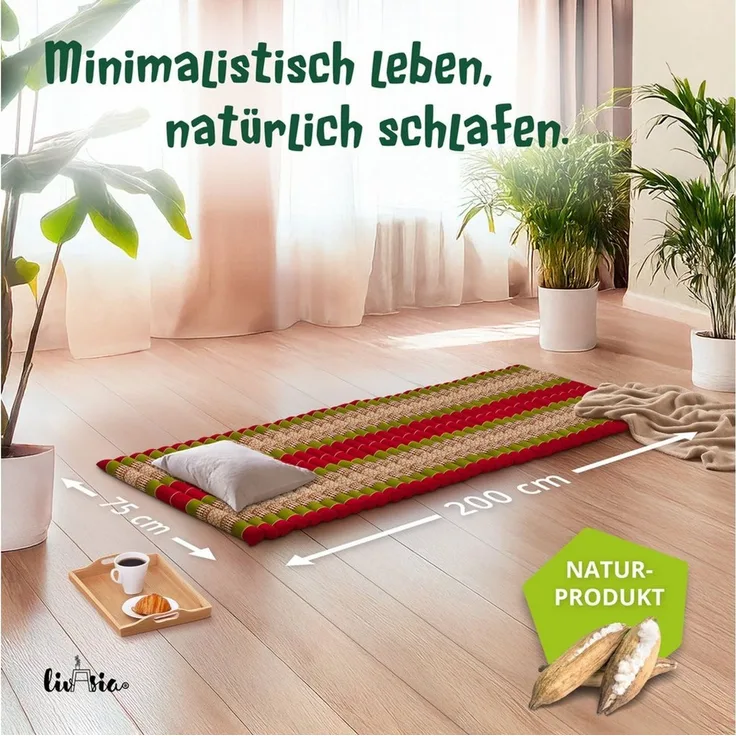Reisebett-Matratzen Rollmatte 75 cm breit, vegan und handgefertigt, 200 x 75 x 4,5 cm, livasia, 4.5 cm hoch, Kapok