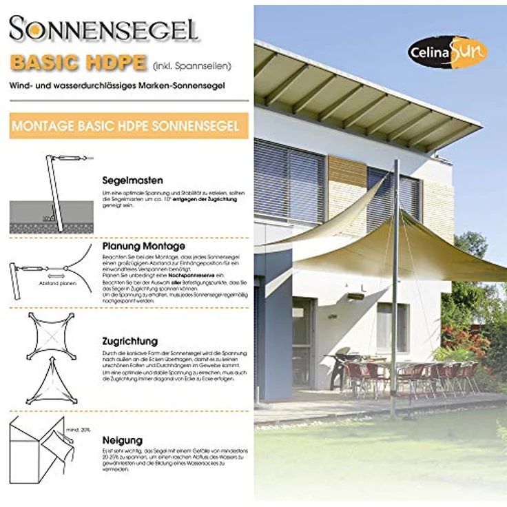 CelinaSun Sonnensegel HDPE BASIC Sonnenschutz atmungsaktiv Quadrat 2x2m hellgrau – Bild 7