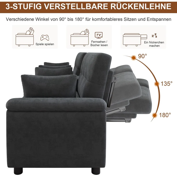 Merax U-förmiges Schlafsofa, ausziehbar, Doppel-Schlafauszug, verstellbare Rückenlehne, Haustierbereich, Couchtisch mit 2 Becherhaltern, 4 Kissen, Chenille, Dunkelgrau, 284×138×89 cm – Bild 6