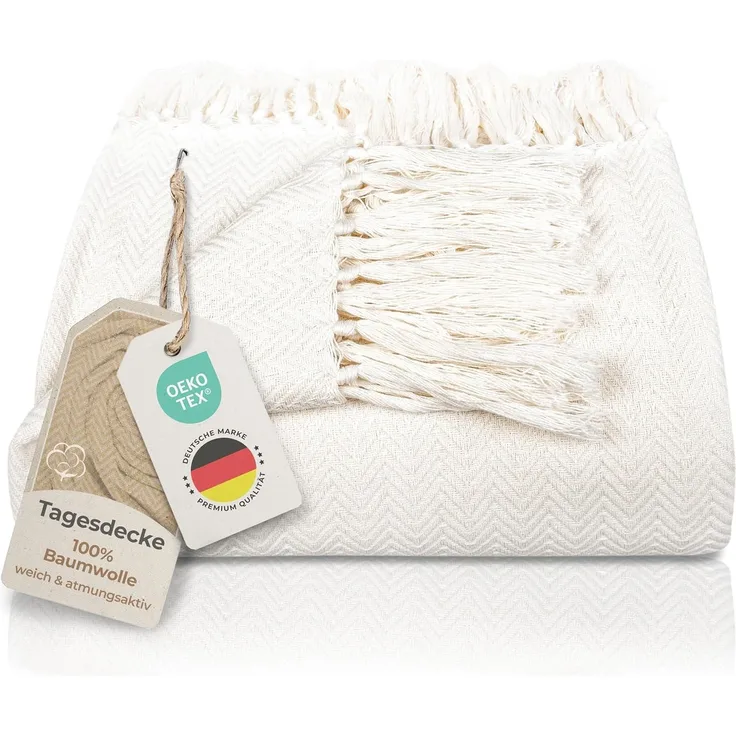 Gräfenstayn Tagesdecke mit Fransen aus 100% Baumwolle – Baumwolldecke mit Fischgrätenmuster, Wohndecke als Sofa-Überwurf, Bett-Überwurf, Couch-Überwurf, Sofa-Decke