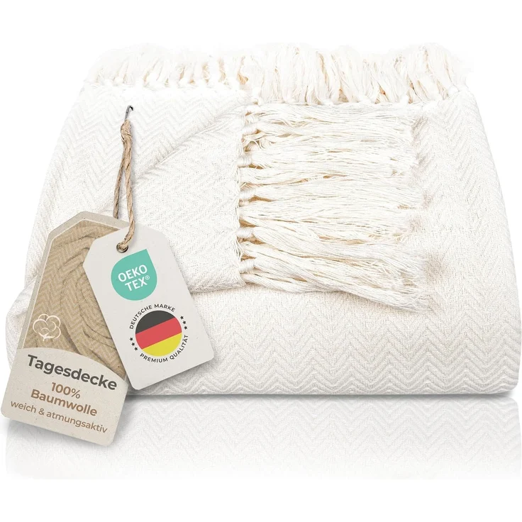 Gräfenstayn Tagesdecke mit Fransen aus 100% Baumwolle – Baumwolldecke mit Fischgrätenmuster, Wohndecke als Sofa-Überwurf, Bett-Überwurf, Couch-Überwurf, Sofa-Decke