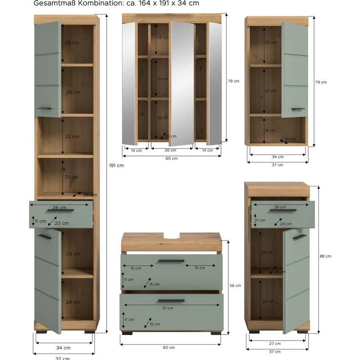 Xonox Scout Badkombination (B/H/T: 164x191x34 cm) in Salbei und Artisan Eiche Nachbildung – Bild 4