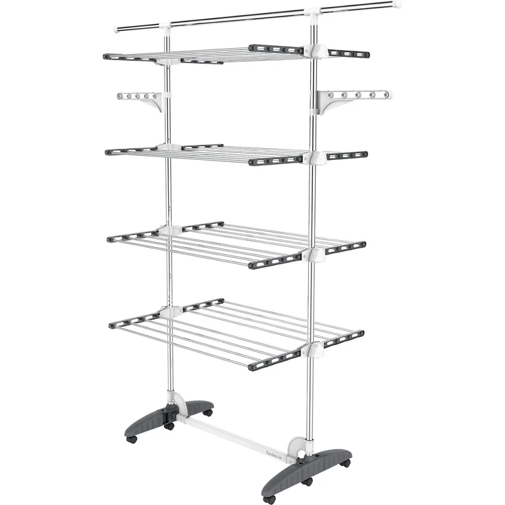 Todeco Wäscheständer Turm Klappbar, Wäscheturm 4 Ebenen aus Edelstahlrohre, Turmtrockner mit 6X Rollen, Ausziehbare obere Leiste, Flügel, Mobiler Turmwäscheständer für Wäscheraum Badezimmer, Grau – Bild 1
