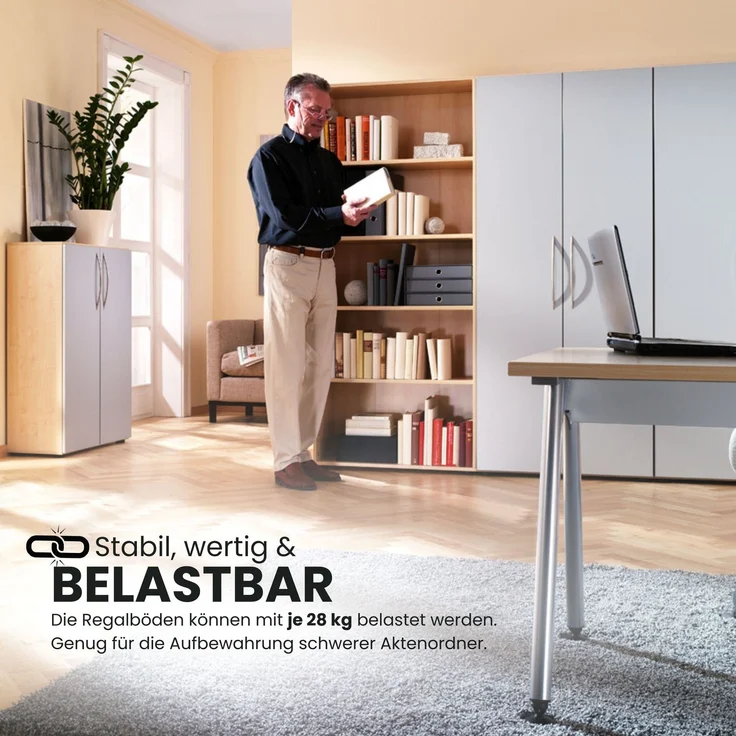 bümö Mehrzweckschrank 80cm breit, Aktenschrank o. Schuhschrank hoch, Regal Schrank-Kombi, Küchenschrank in Weiß/Grau aus Holz, Vorratsschrank & Haushaltsschrank mit Metallgriffen, 4770-W-5-BM – Bild 6