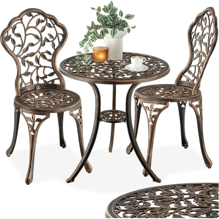 tectake Essgruppe Bistrotisch-Set Lyon für 2 Personen, wetterfestes Aluminium, (Set, 3-tlg), Absolute Standsicherheit dank höhenverstellbarer Kunststofffüße – Bild 1