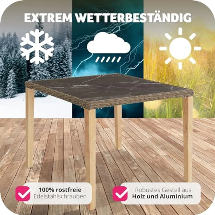 tectake Rattantisch Tarent, quadratisch, marmorierte Feinsteinzeugplatte, 93.5x75x93.5 cm, Aluminiumgestell, UV-beständiges Polyrattan – Bild 7