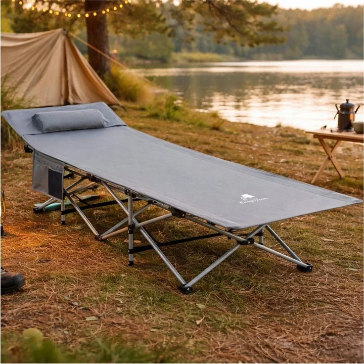 CampFeuer Campingliege Campingbett mit Kopfkissen, Anthrazit, bis 150 kg, 187 x 67 x 48 cm Hohe Belastbarkeit – Bild 2