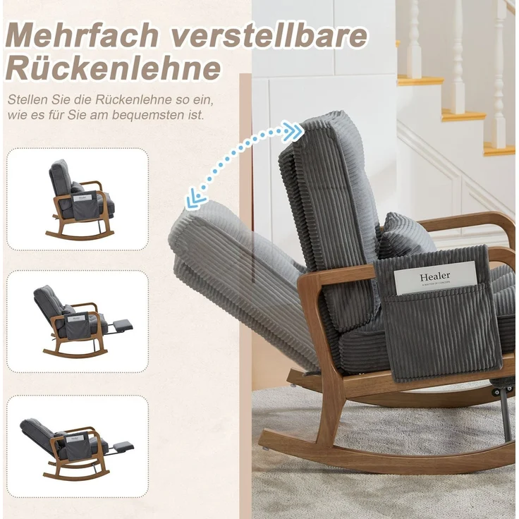 MODFU Loungesessel Ergonomischer Freizeitstuhl aus Cord mit Fußstütze (verstellbarer Schaukelstuhl und Baby-Sessel mit Lendenkissen), Schaukelstuhl Polstersessel – Bild 3