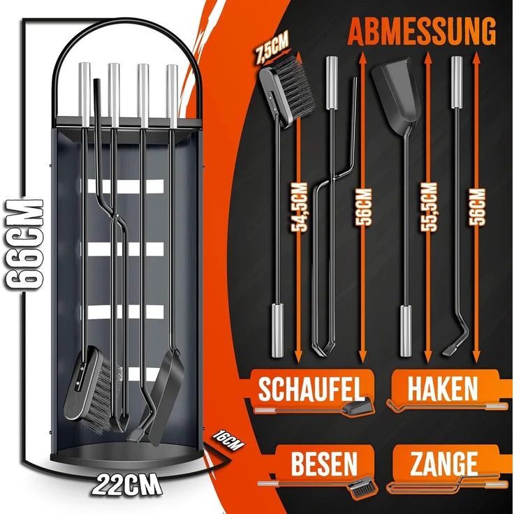 KESSER® Kaminzubehör 5-teiliges Kaminbesteck Set – Modern Design, beschichtet, Hochwertige Kamingarnitur aus 5 Teilen: Besen, Schaufel, Schürhaken, Zange, Ständer mit Sichtschutz Edelstahl Anthrazit – Bild 5