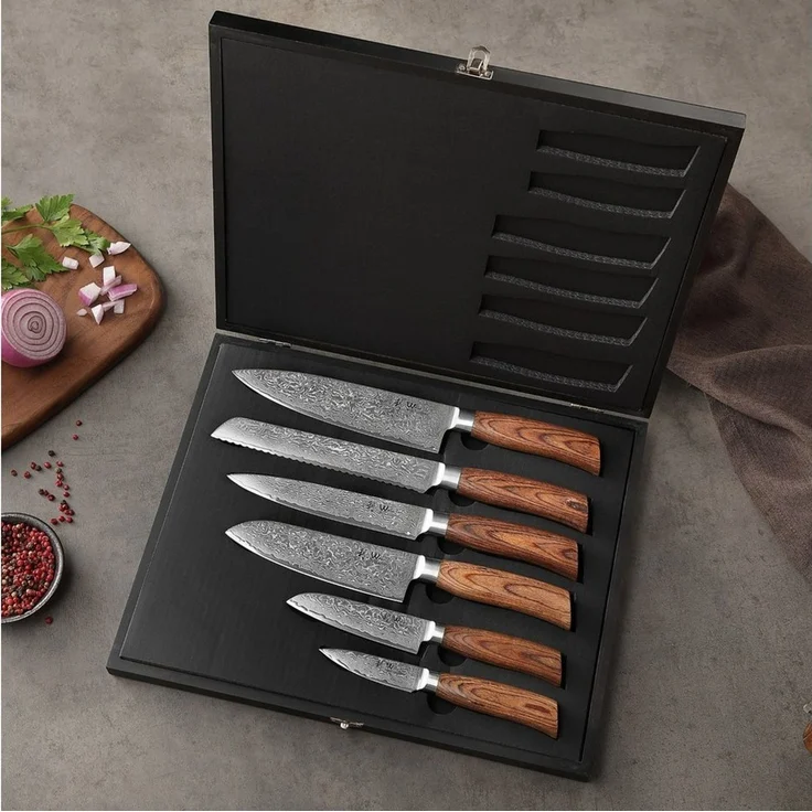 Wakoli Messer-Set Edib Pro 6 Damastmesser I Küchenmesser Kochmesser I 8-20cm Klingen (Damastmesser mit Geschenkbox, 6-tlg, 6er Damastmesser-Set mit Holzbox), 67 Lagen Damaststahl, VG-10 Stahlkern – Bild 2