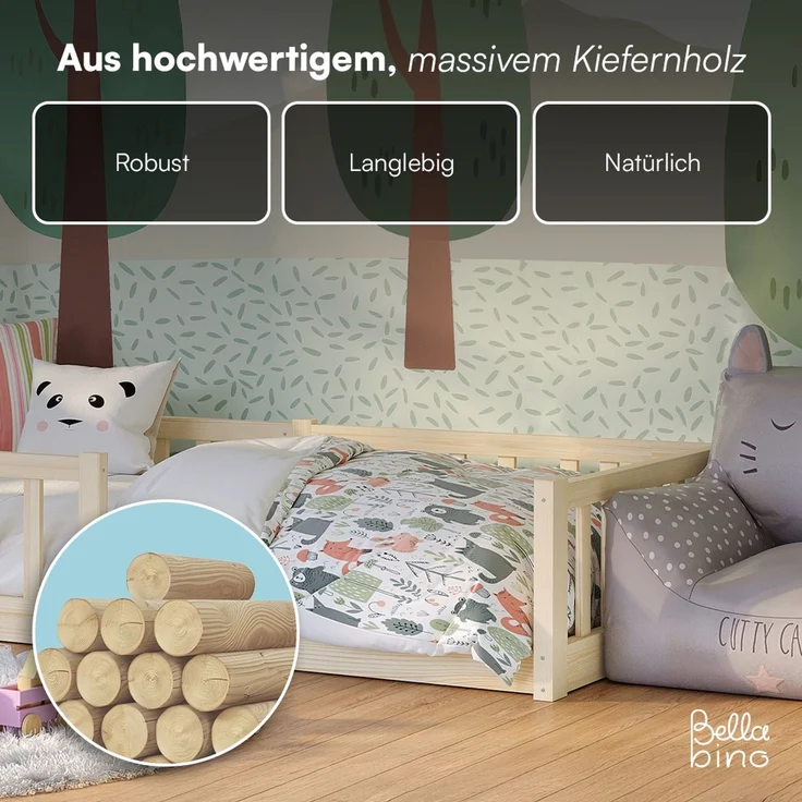 Bellabino 'Vere' Bodenbett 90x200 cm mit Matratze, natur, Massivholz Kiefer, Montessori Kinderbett mit Rausfallschutz und Lattenrost – Bild 7