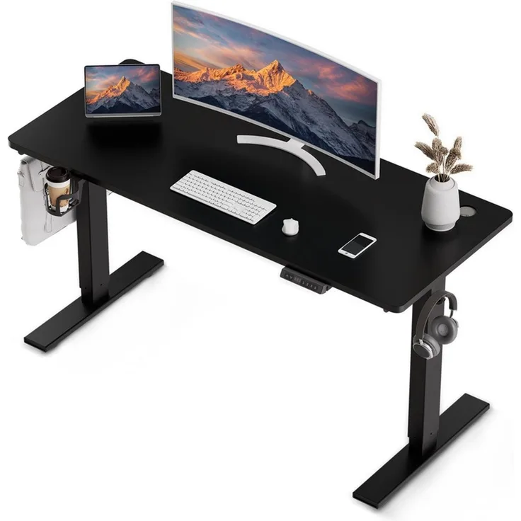 HOMAVO höhenverstellbarer Schreibtisch 70×140 cm, mit Memory- und Anti-Kollisionsfunktion, USB-A- und USB-C-Anschlüssen, Höhe 70–120 cm, Schwarz