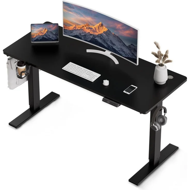 HOMAVO höhenverstellbarer Schreibtisch 70×140 cm, mit Memory- und Anti-Kollisionsfunktion, USB-A- und USB-C-Anschlüssen, Höhe 70–120 cm, Schwarz – Bild 1