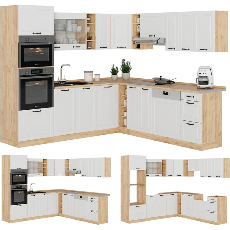 Eckküche R-Line Weiß Landhaus/Goldkraft Eiche 247 x 46 cm ohne Arbeitsplatte Vicco – Bild 6