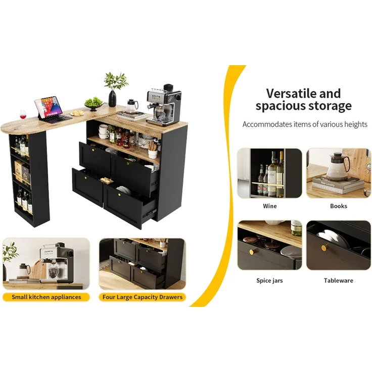 Bartisch 105 x 39 x 102 cm, 360° drehbar, mit 4 Schubladen und offenen Ablagen, Schwarz – Bild 2
