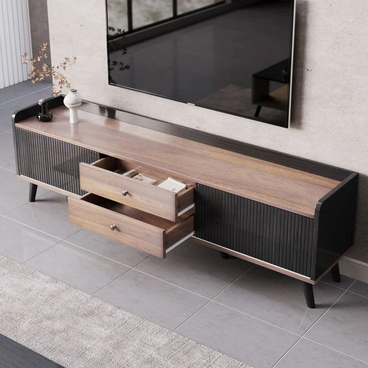 TV-Ständer 160 cm Schwarz & Holz, Sideboard mit gestreiften Schiebetüren, zwei Schubladen, Massivholzbeine – Bild 2