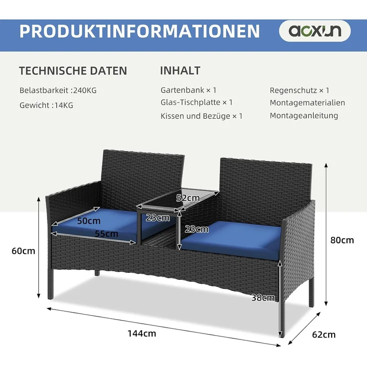 Aoxun 2-Sitzer-Gartenbank aus Rattan, extrabreite Outdoor-Zweisitzerbank mit seitlichem Ablagetisch 144x62x80cm, bequemes Terrassenmöbel-Set mit Kissen und Regenschutz für Garten, Balkon, Marineblau – Bild 2