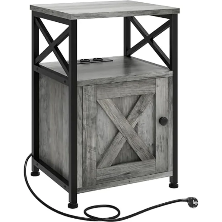YITAHOME Beistelltisch, Nachtschrank mit Kabinett, X-förmiger Wohnzimmertisch mit Ladestation, 2 USB-Anschlüssen und Steckdosen, Nachtkonsole, Metallgestell, 40 x 35 x 60 cm, Grau