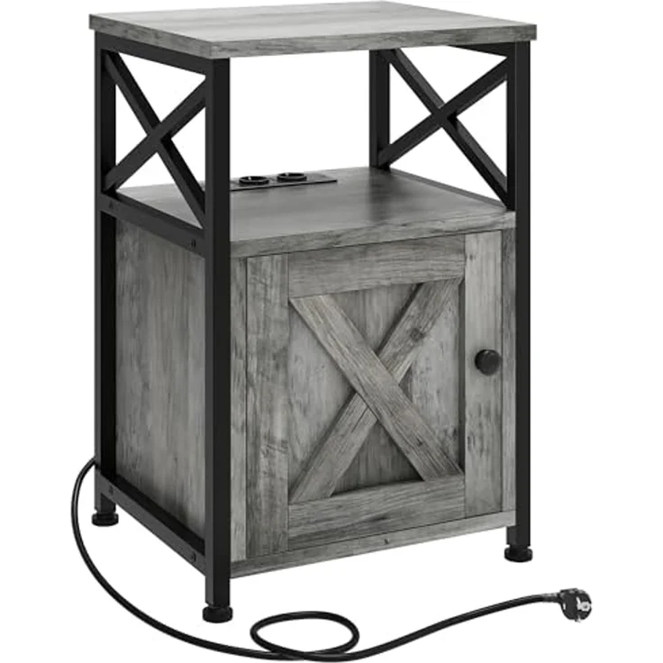 YITAHOME Beistelltisch, Nachtschrank mit Kabinett, X-förmiger Wohnzimmertisch mit Ladestation, 2 USB-Anschlüssen und Steckdosen, Nachtkonsole, Metallgestell, 40 x 35 x 60 cm, Grau – Bild 1