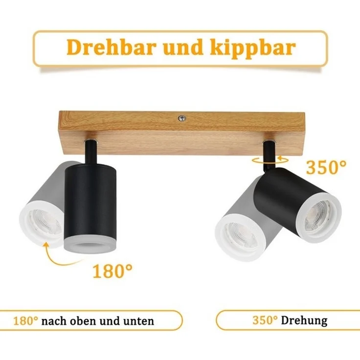 Nettlife Deckenstrahler Schwarz/Weiß GU10 Holz Vintage Deckenspots Küchenlampe, Schwenkbar, LED wechselbar, 350°Drehbar Flur Strahler Industrial für Wohnzimmer Schlafzimmer Küche – Bild 4
