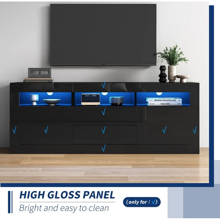 Merax 160*35*60cm Hochglanz-TV-Schrank mit LED-Beleuchtung, 3 offenen Fächern, 2 Türen, 2 Schubladen, Smart App Steuerung, für 70-Zoll-Fernseher, Hochglanz-TV-Ständer, Schwarz – Bild 7