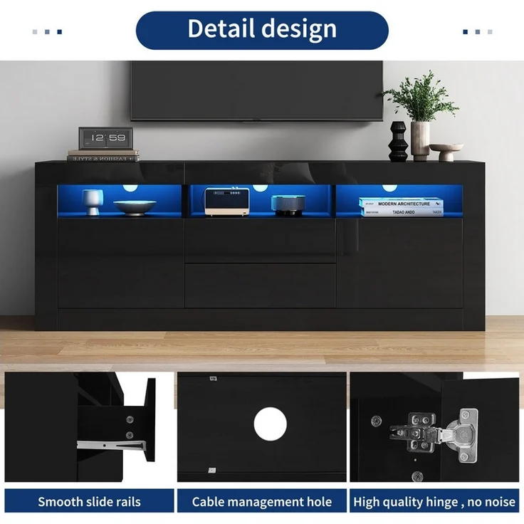 Fine Life Pro TV-Schrank Lowboard / TV‑Schrank / TV‑Lowboard mit LED‑Beleuchtung 160×35×60 cm, für Fernseher bis 70 Zoll – Bild 3
