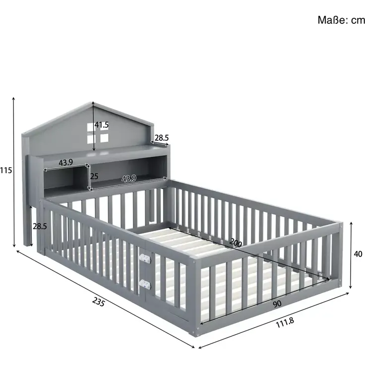 Kinderbett mit Lattenrost und Zaun, 90x200 cm, Rausfallschutz, Stauraum, Jugendbett, Holzbett, Einzelbett, Kiefer – Bild 5