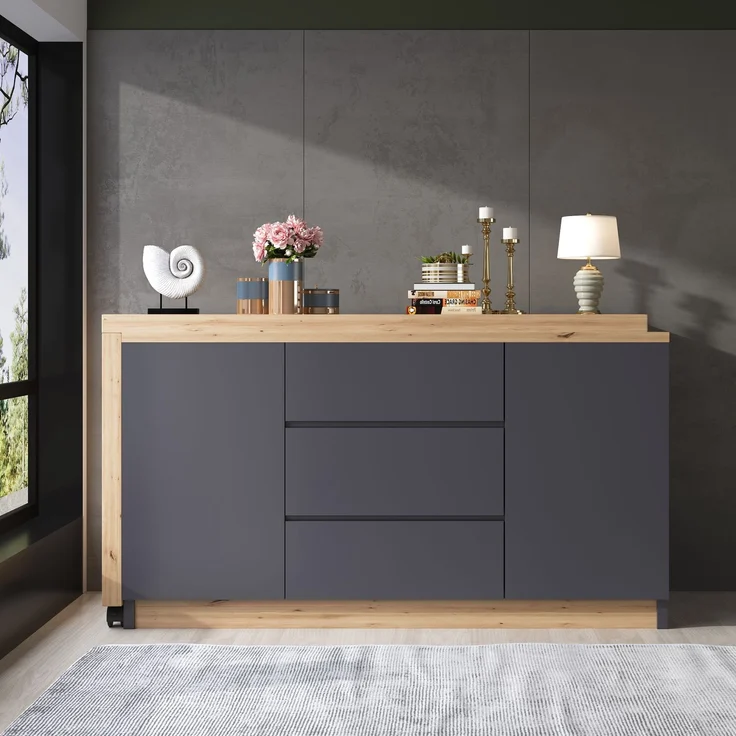 Flieks 360° Schreibtisch mit Sideboard, 120×50×76.5cm, Eckschreibtisch auf Rollen, Computertisch mit 3 Schubladen & 2 Türen, Grau/Eiche – Bild 2
