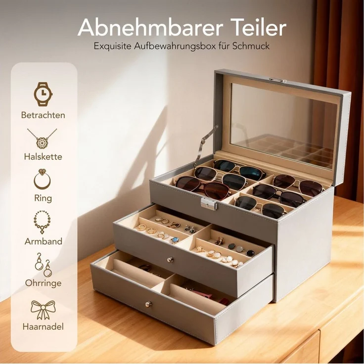 Youyijia Aufbewahrungsbox Brillenbox Eleganter Brillenkoffer aus Kunstleder mit Sichtfenster – Bild 4