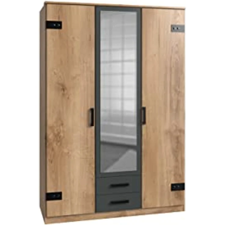 Jugendzimmer Liverpool Drehtürenschrank in Plankeneiche und Graphit - Kinderzimmer Komplett Set – Einzelmöbel und verschiedene Set Varianten - 7 teilig , Kleiderschrank (Drehtüren) + 140er Jugendbett + Bettschubkasten + Nachttisch + Schreibtisch + Roll... – Bild 3