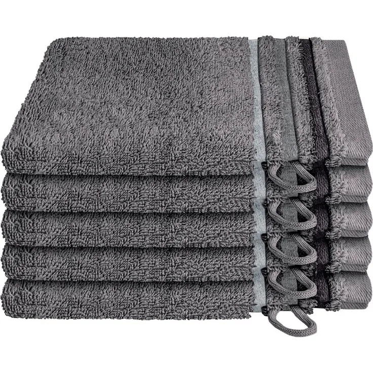 Schiesser Waschhandschuh Skyline, 5er Set, Violett, mit Webbordüre, 100% Baumwolle Anthrazit