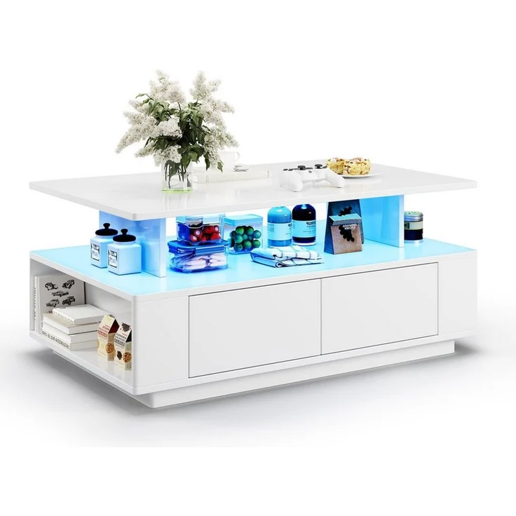 Dripex Couchtisch Couchtisch mit Stauraum Hochglanz Weiß 90x40x55 cm mit LED – Bild 1