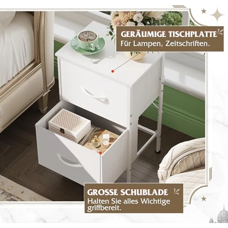 WLIVE Kommode, 2 kommode mit schubladen,Stoffschubladen mit Auszügen,für Schlafzimmer, Flur,Wohnzimmer, Kinderzimmer, mit stabilem Stahlrahmen und Holzpaneelen, weiß – Bild 6