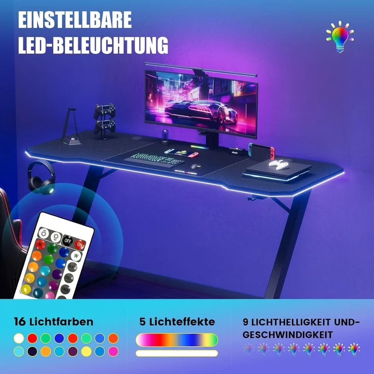 GTPLAYER Schreibtisch Gaming Tisch Schreibtisch mit Mauspad PC Tisch Kohlefaseroberfläche, Stabiler Computertisch mit Kopfhörerhaken, Schwarz – Bild 4