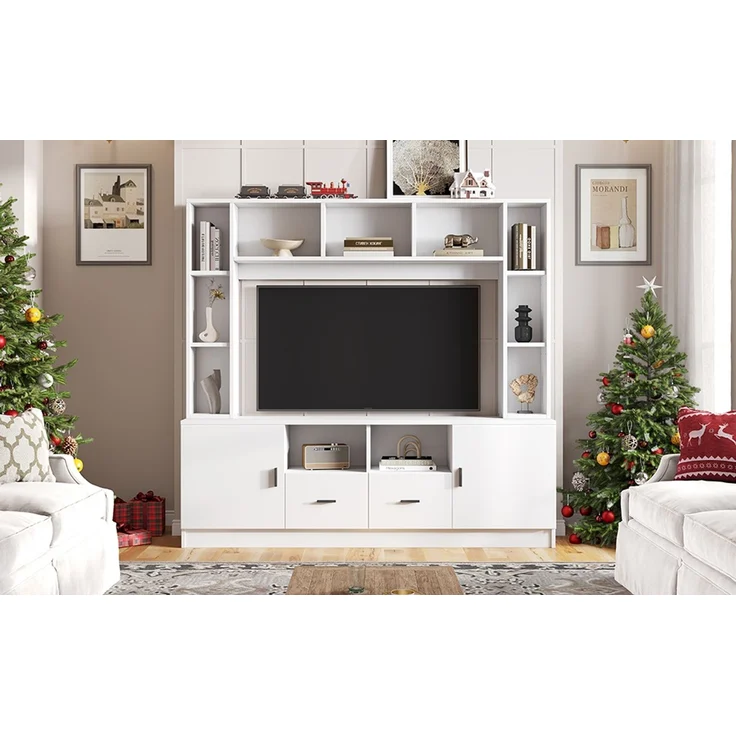 180*35*170cm TV Wohnwand-set mit Vitrine,Mediawand inkl. TV-Board-set und Regal,TV Wohnzimmermöbel-Set mit 2 Schränke, 2 Schubladen , 11 Staufächer, Anbauwand, Wohnzimmerwand, TV bis 60',Weiß--Weiß--180x35x170cm--YOUDENOVA – Bild 7