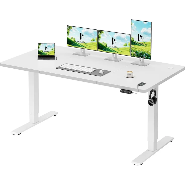 Homall Höhenverstellbarer Schreibtisch 160x70cm mit USB-Anschluss,Weiß | Höhe verstellbar 73-118 cm, Memory-Funktion mit 2 Höhen,1 Haken, Bürotisch