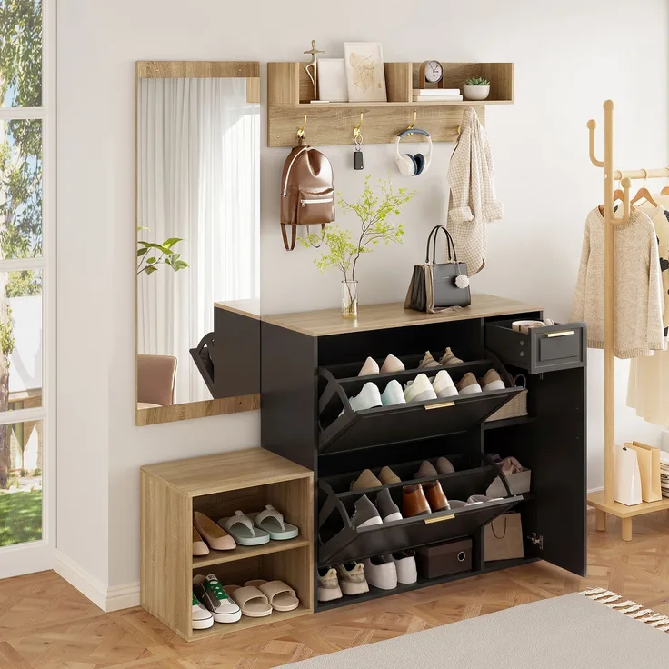 Garderoben-Set 139,5x35x166 cm in Natur/Schwarz mit Schuhschrank, Bank, Paneel, Spiegel