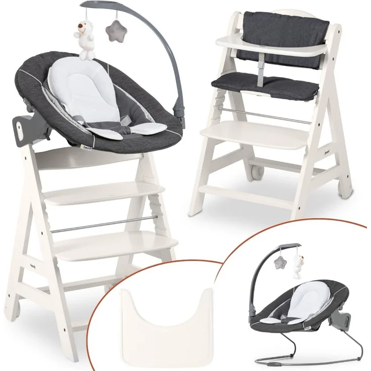 hauck Beta+ Hochstuhl Newborn Set mit Deluxe Bouncer - Weiß | Mitwachsender Holz Kinderhochstuhl mit Rollen ab Geburt bis 90 kg | inkl. Neugeborenenaufsatz, Essbrett & Sitzkissen