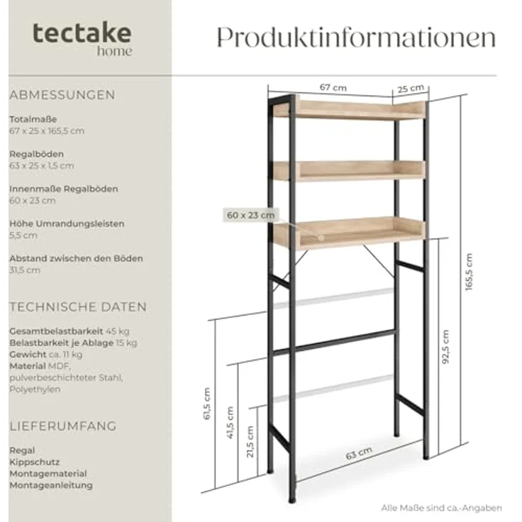 tectake Badezimmerregal mit 3 Ablagen, Badregal, Waschmaschinenregal, Industrial Design, Überbauschrank, Regal für Waschmaschine, Toilettenregal, 67 x 25 x 165 cm - Industrial Holz hell, Eiche Sonoma – Bild 3