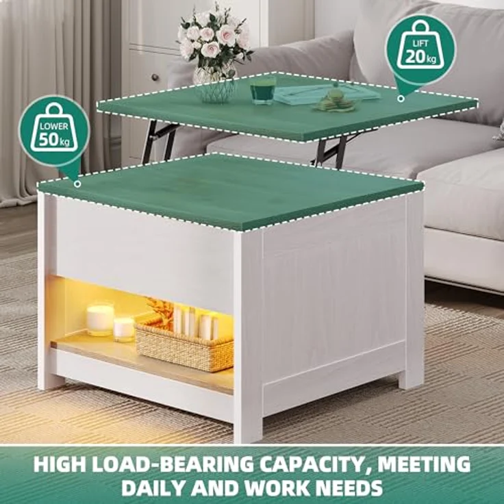 YITAHOME Couchtisch mit Hebeplatte, Quadratisch Couchtisch Höhenverstellbar, Wohnzimmertisch Modern für Couch Schlafzimmer,Stabiler Metallrahmen,60X60X45CM – Bild 4