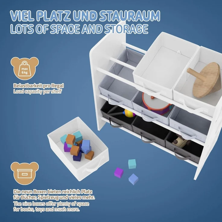 Joyz Spielzeugtruhe Kinderregal Kindermöbel Kinderzimmerregal Spielzeug Spielzimmer Möbel, Weltraum Bücherregal mit 9 Boxen & 3 Etagen Pressspan / Vlies – Bild 7
