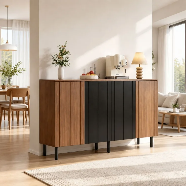 DESVIAE Sideboard mit 4 Türen 160x80x35 cm aus Spanplatte Nussbaumfarben/Schwarz
