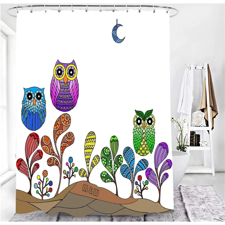 M&W DAS DESIGN Duschvorhang 180x200 Shower curtains Anti schimmel Waschbar Eule bunt – Bild 3