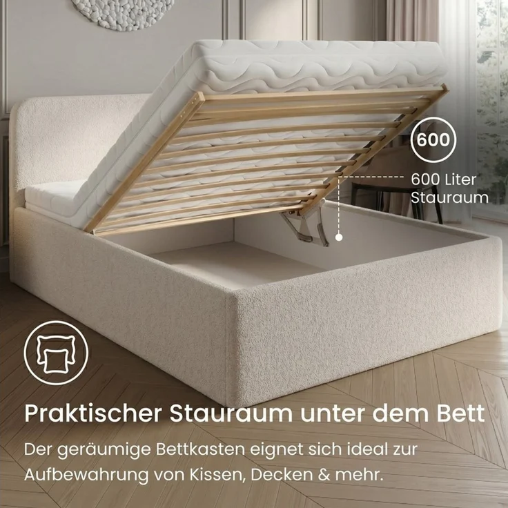 Home Collective Polsterbett Bett mit Stauraum, verstellbarem Lattenrost, viele Größen (Größen: 100x200 120x200 140x200 160x200 180x200 200x200, trendiger Bouclé-Stoff, made in Germany), wählbare Matratze Federkern oder Kaltschaum Creme – Bild 3
